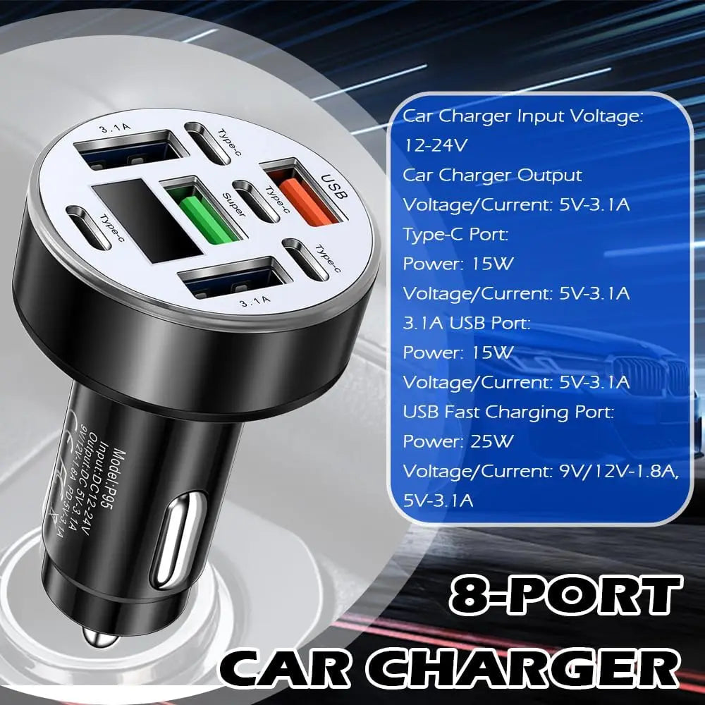 UYUXIO Multi Port USB C Car Charger Adapter 8 in 1 | 130W GaN Fast Car Charger with Voltage Display