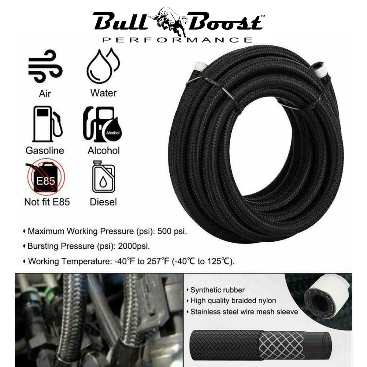 Bull Boost AN10 -10AN Fitting Stainless Steel Braided Oil Fuel Hose Line Kit 10Feet
