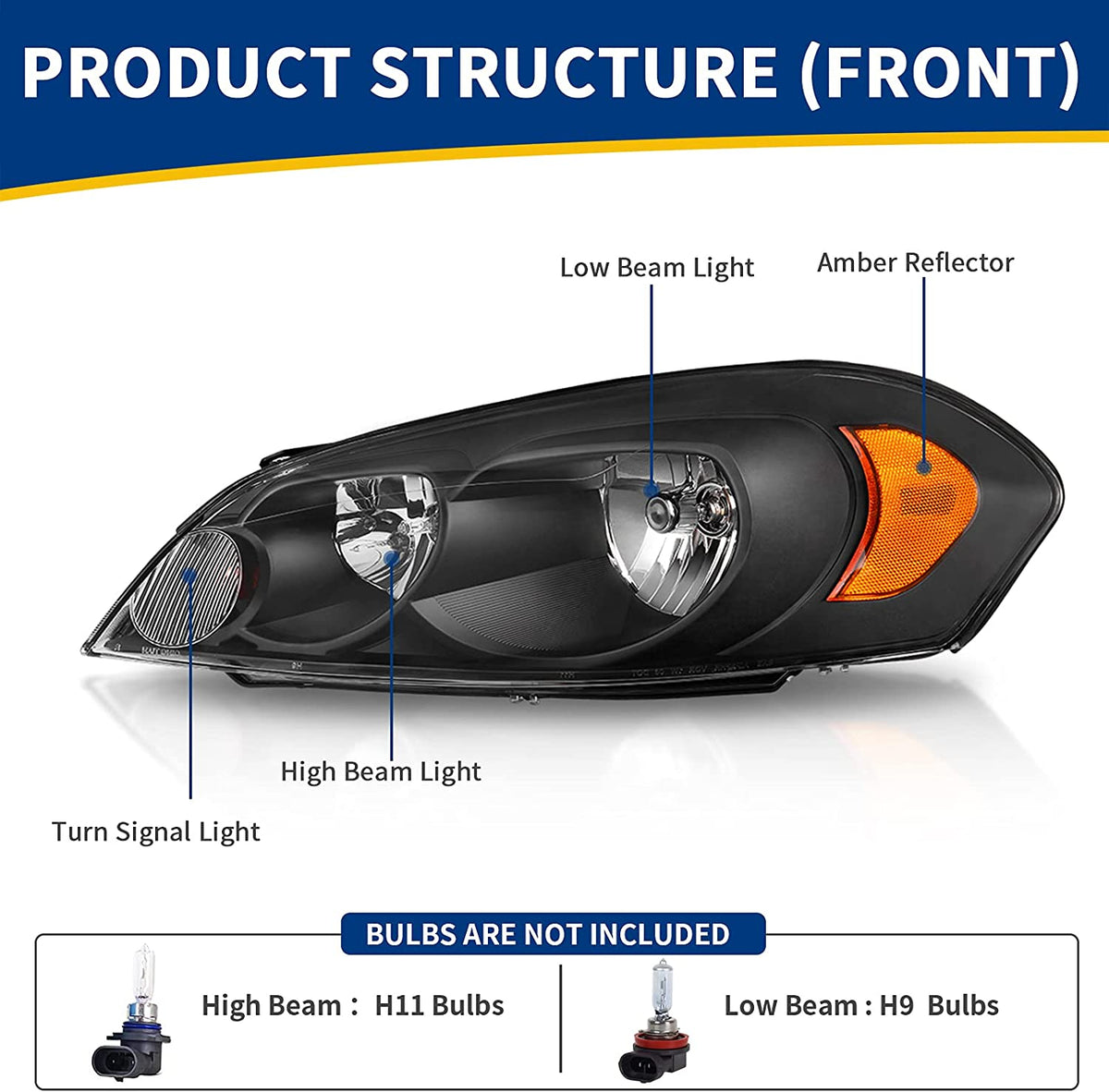 Autosaver88 Headlight Assembly Compatible With 2006-2013 Chevy Impala 06 07 Monte Carlo Replacement Headlamp Black Housing Amber Reflector Clear Lens A Oe