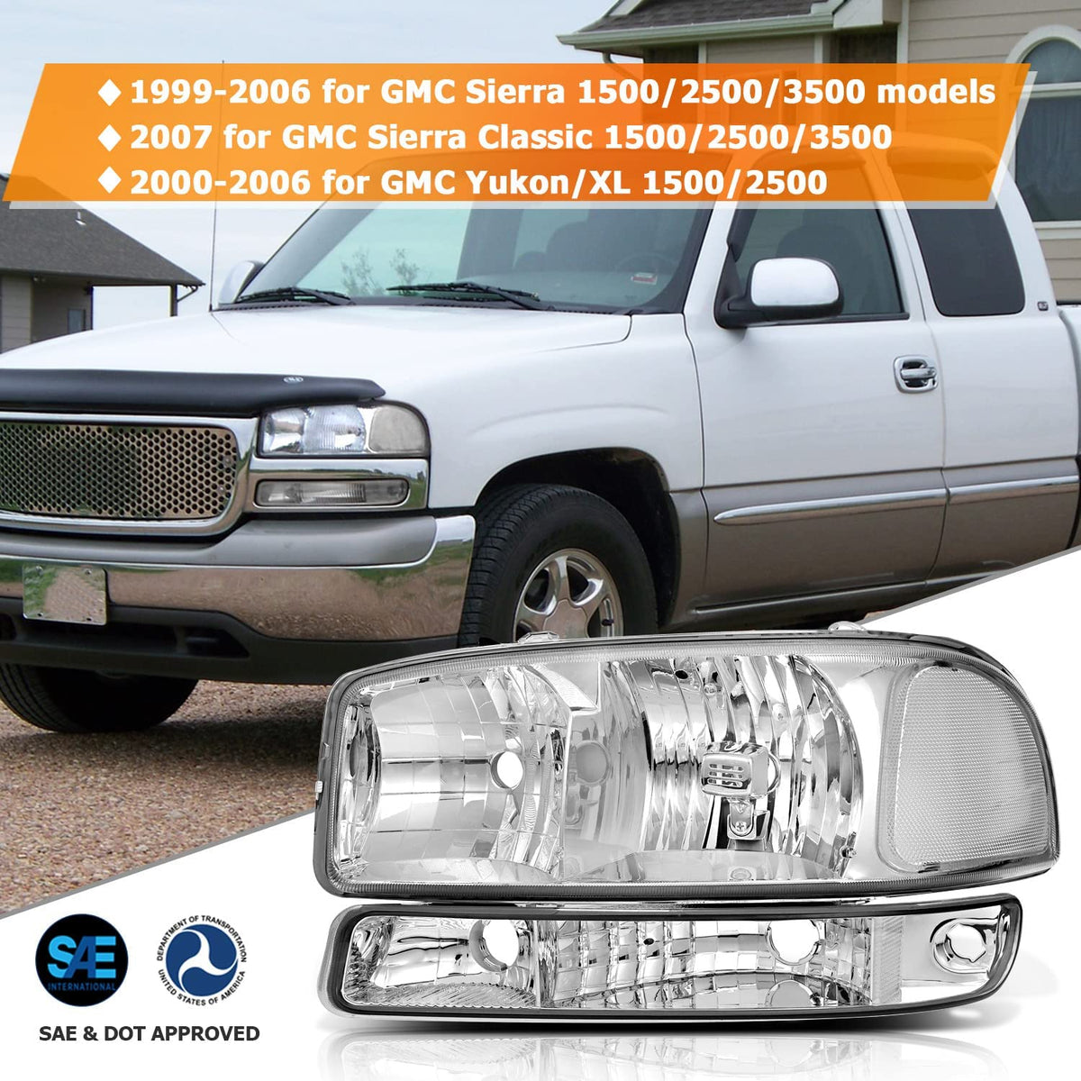 Yukon Lbrst Headlight Assembly For Gmc Sierra 1500 1999-2006 Classic 2007 2500 1999-2004 Chrome Housing Reflector Clear Lens Driver And Passenger Side Headlamp