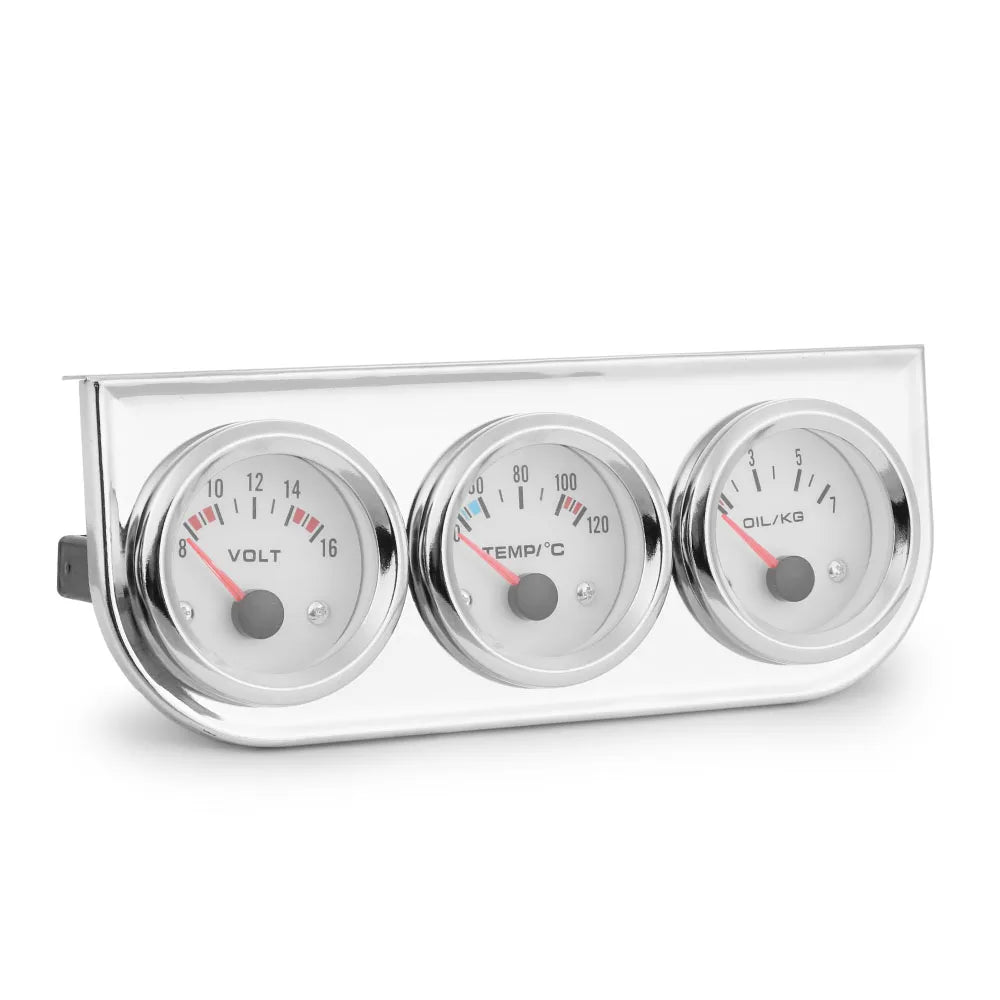 Triple Gauge Kit Chrome 2" 52mm Voltmeter Water Temp Oil Pressure