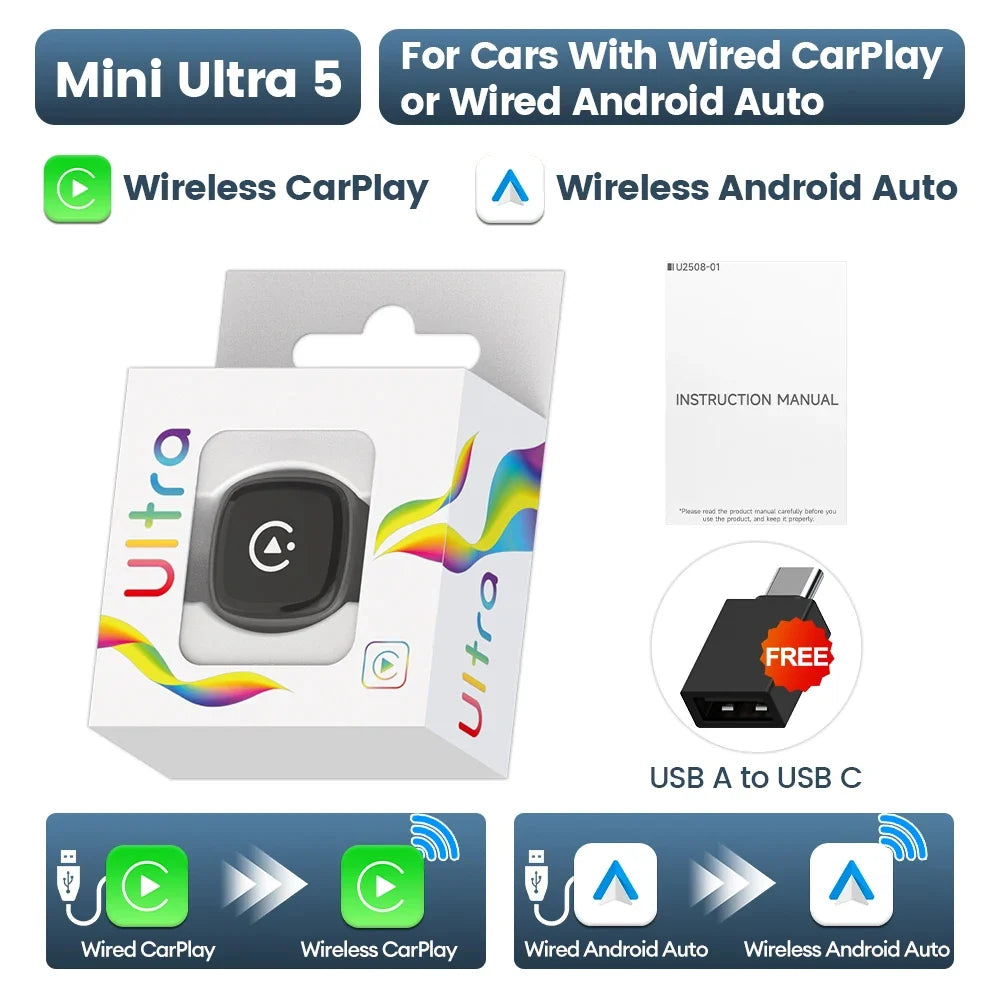 2026 Mini Ultra Wireless CarPlay Android Auto Adapter Box