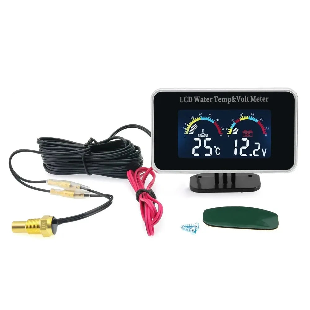 Car LCD Water Temp Meter + Voltmeter Gauge 2in1 | Temp Voltage Meter with 10mm Sensor 12V 24V