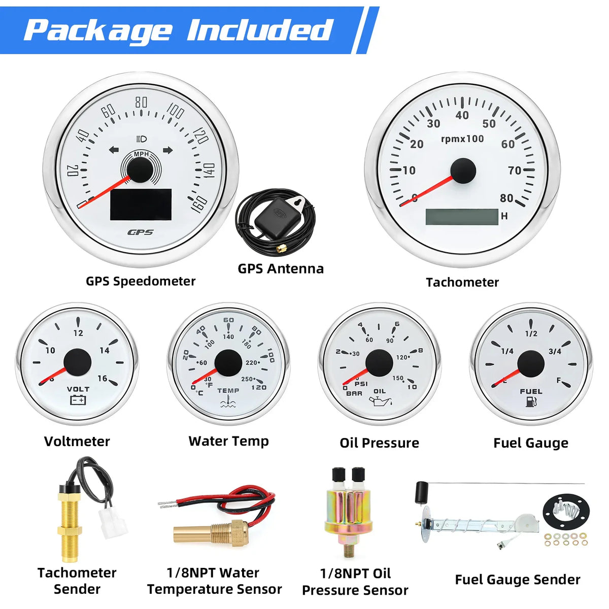 6pcs Gauge Set GPS Speedometer Tachometer Voltmeter Water Temp Fuel Oil Pressure