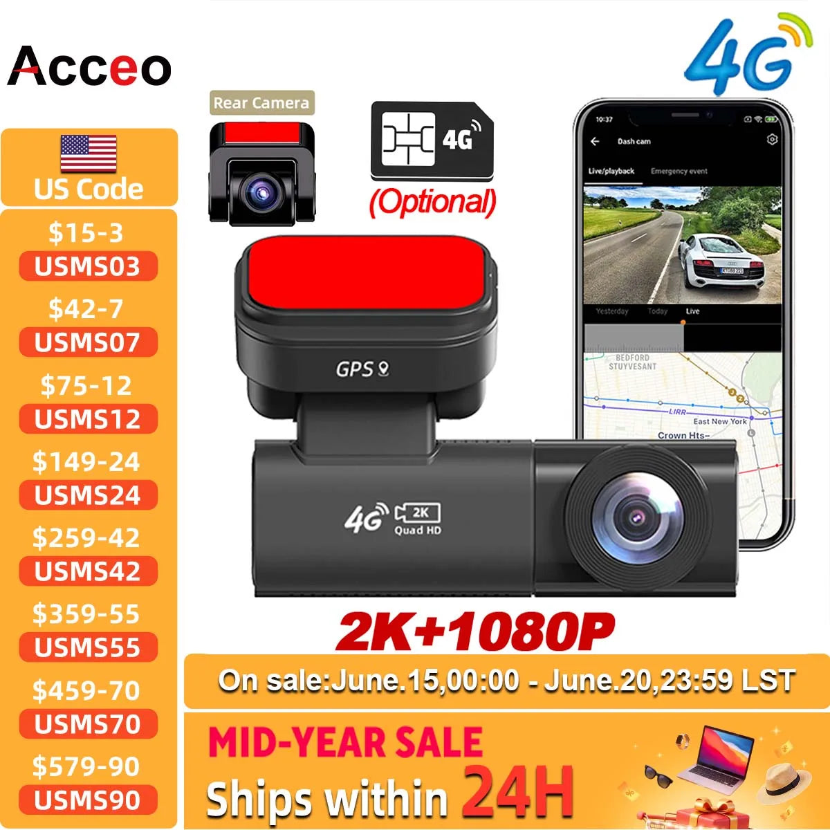 Acceo 4G LTE Car Dashcam with GPS Tracking | 2K Front and Rear Camera