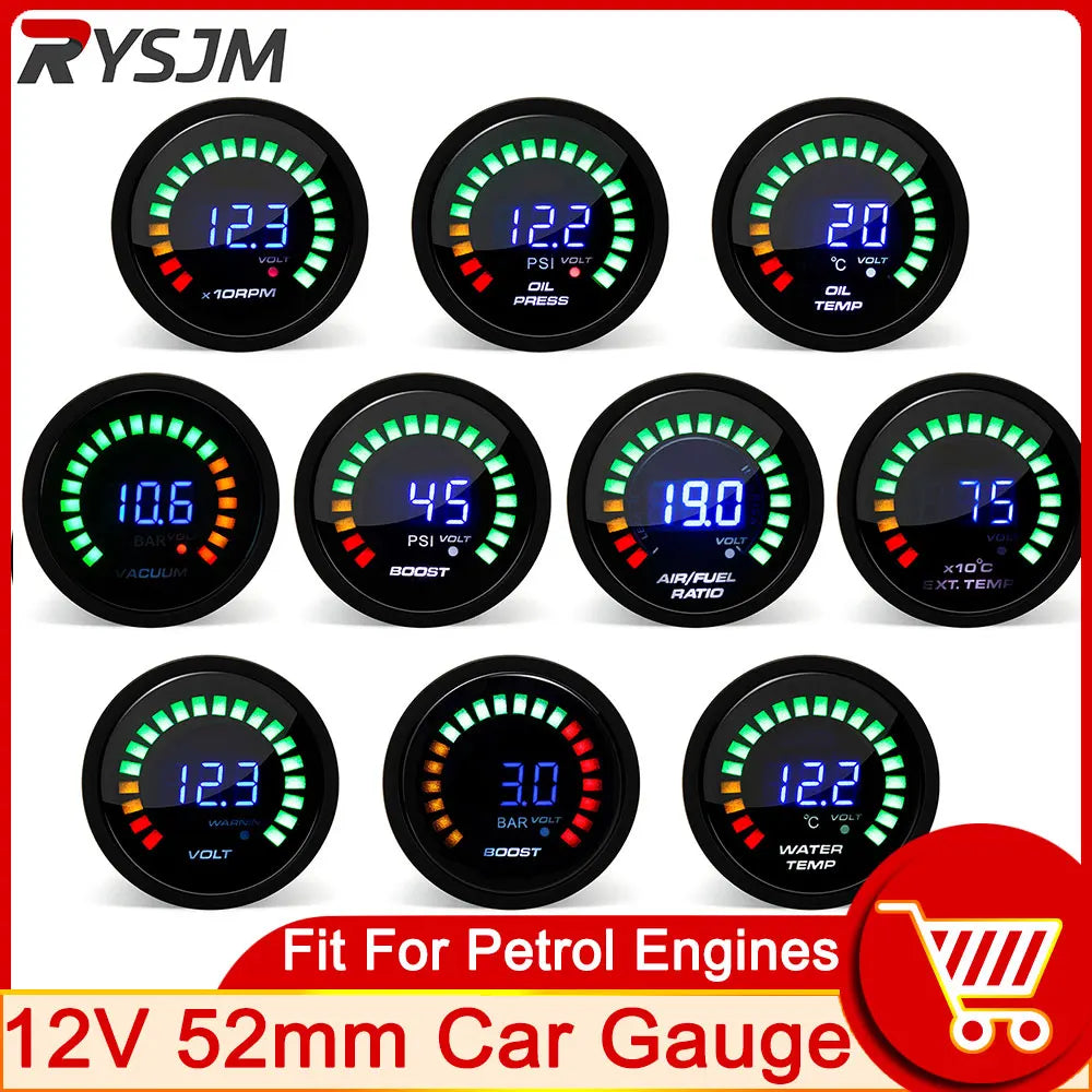 52MM Digital Car Gauge Set with 20 LED Display | Water Temp Oil Pressure Voltmeter AFR EGT Tachometer