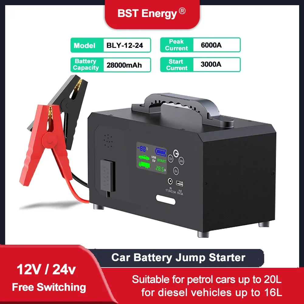 6000A Car Jump Starter Power Bank 28000mAh | Portable Emergency Booster for 12V 24V Gasoline and Diesel
