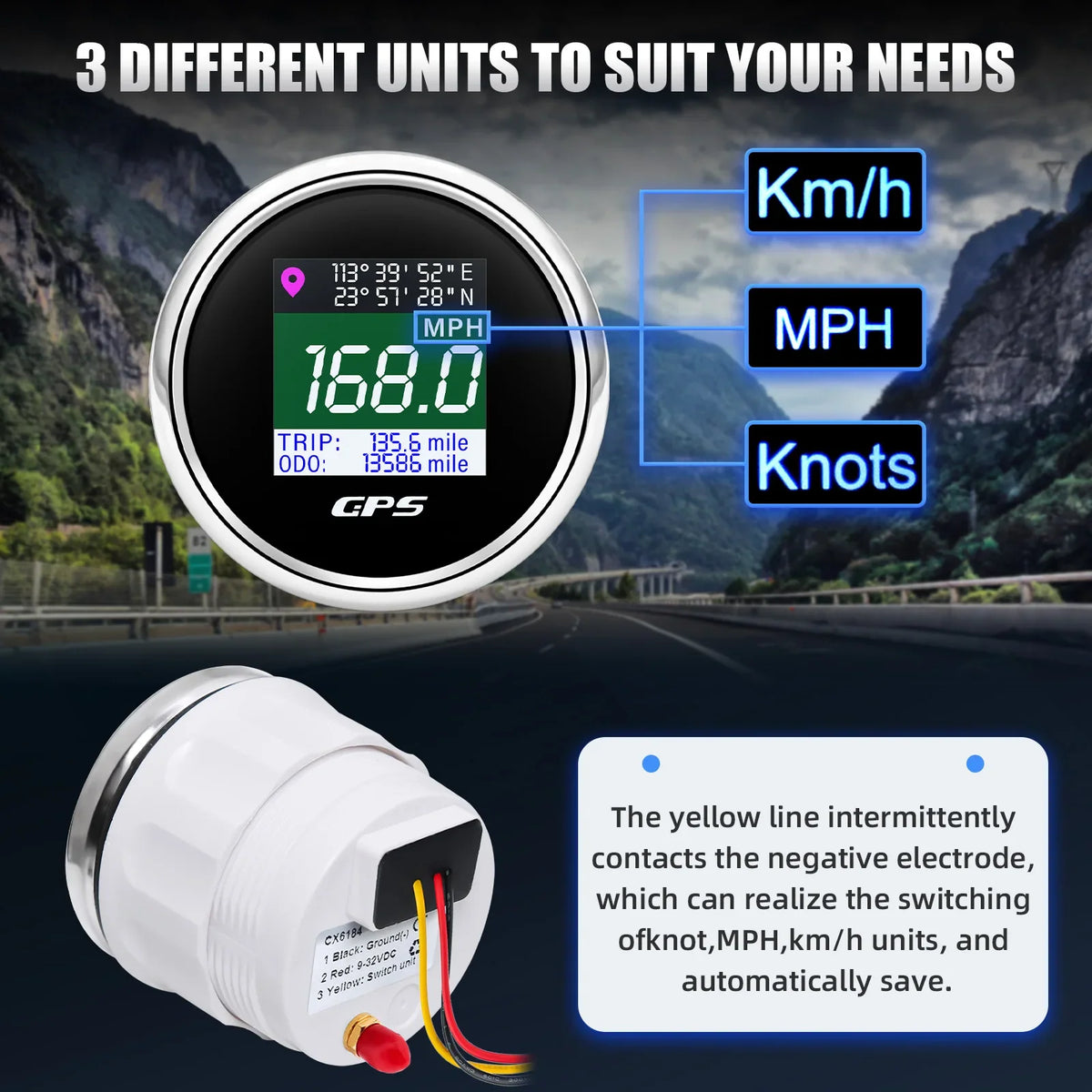52mm GPS Speedometer Odometer | LCD Speed Gauge with GPS Antenna for Boat Car Motorcycle