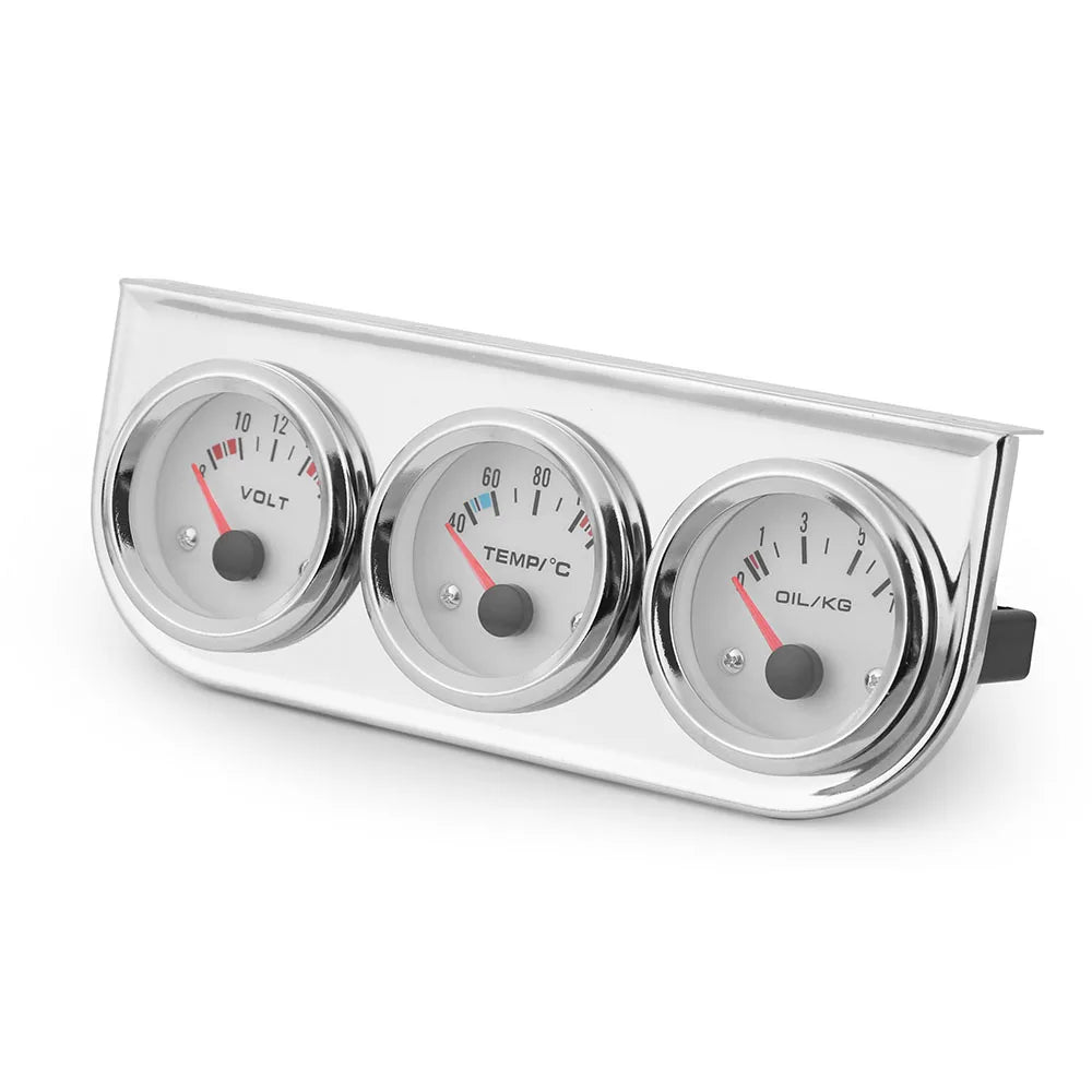 Triple Gauge Kit Chrome 2" 52mm Voltmeter Water Temp Oil Pressure
