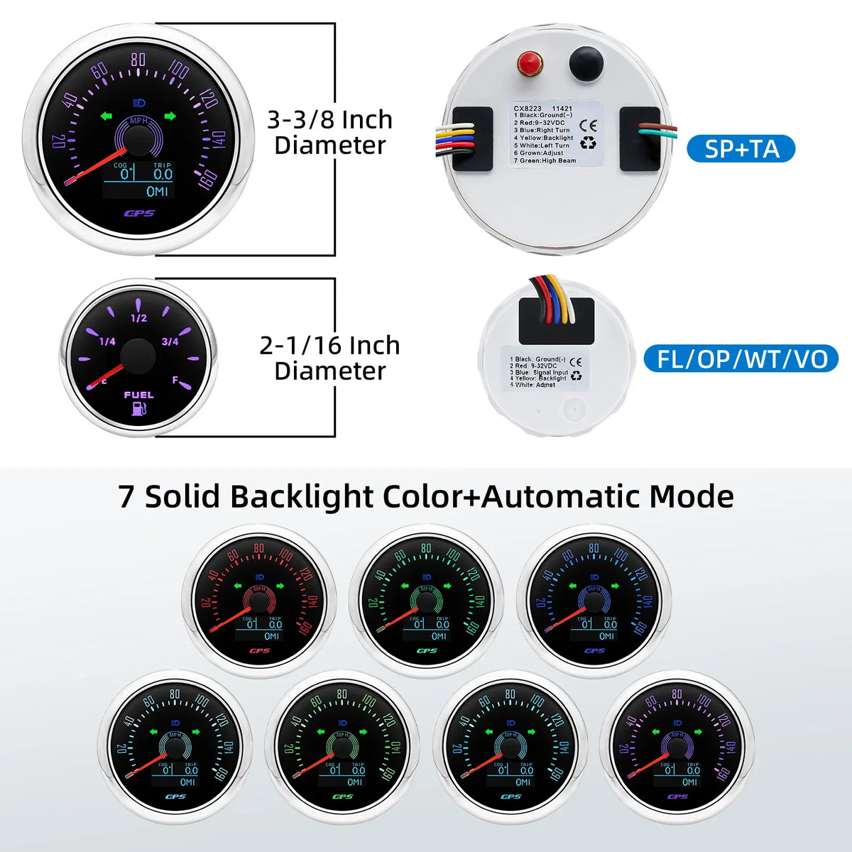 6pcs Gauge Set GPS Speedometer Tachometer Voltmeter Water Temp Fuel Oil Pressure