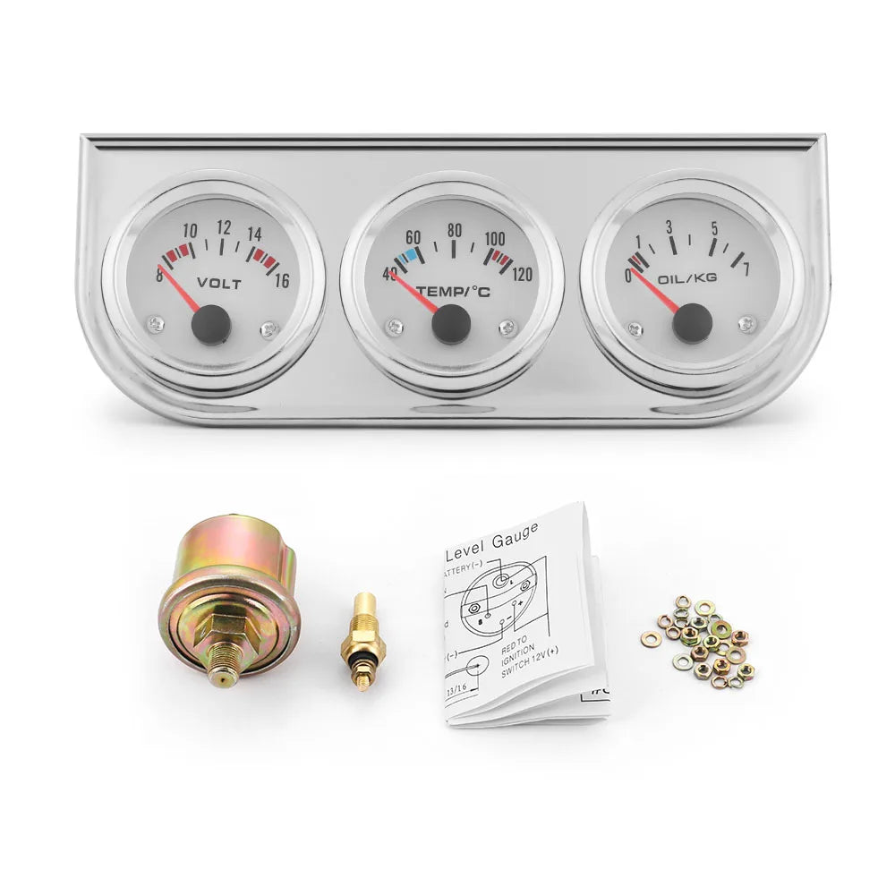 Triple Gauge Kit Chrome 2" 52mm Voltmeter Water Temp Oil Pressure