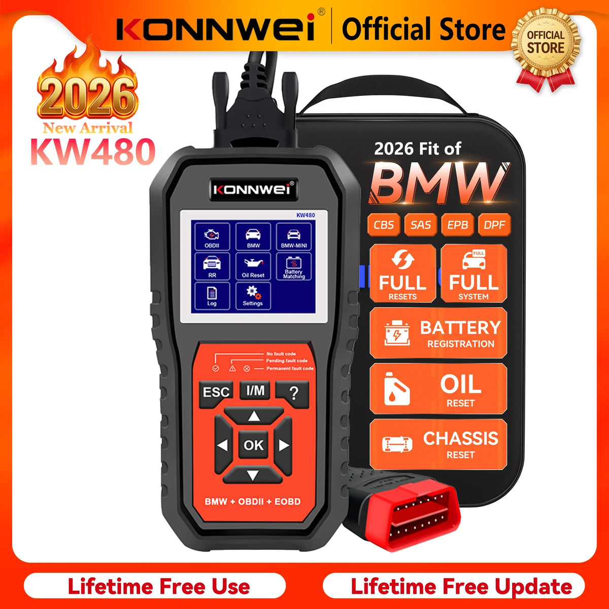 2026 KONNWEI KW480 Full System OBD2 Scanner | BMW Diagnostic Tool with Oil