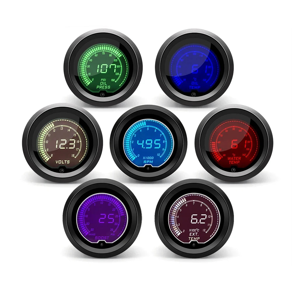 52mm Car Gauge Set | 7 Color LCD Digital Tachometer Boost Oil Temp Voltmeter