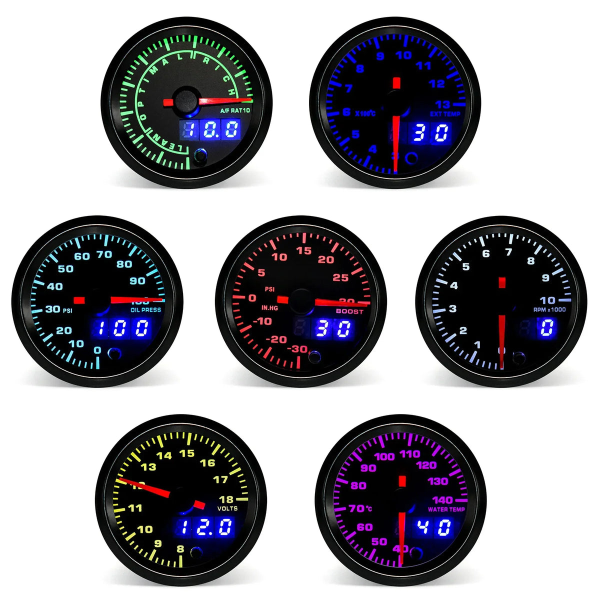 52mm 7 Color LED Dual Display Gauge | Boost, Oil Temp, Voltmeter, Tachometer