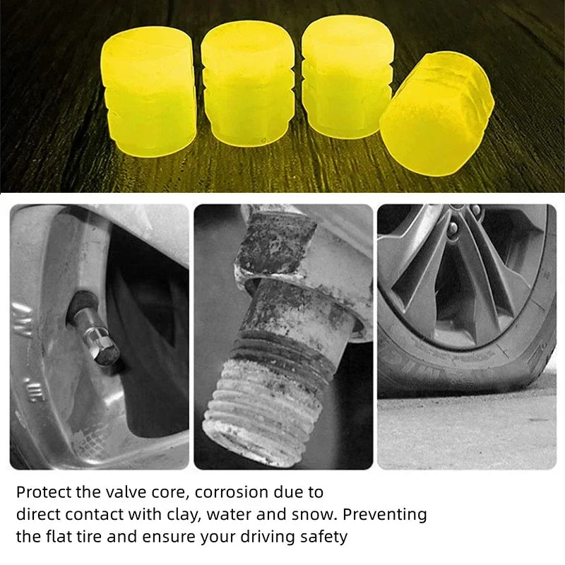 Fluorescent Yellow Glowing Tire Valve Caps | Night Safety Car Accessories