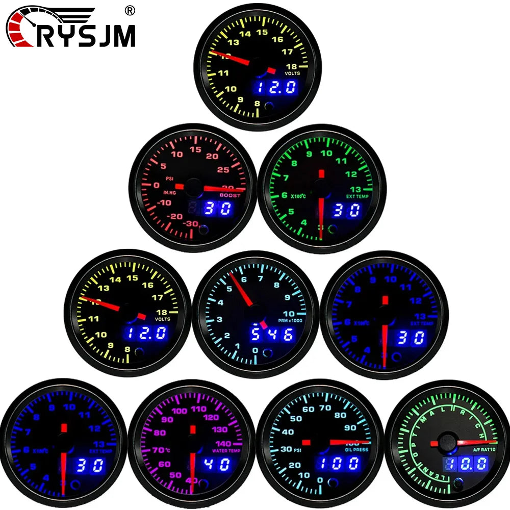 52mm 7 Color LED Dual Display Gauge | Boost, Oil Temp, Voltmeter, Tachometer