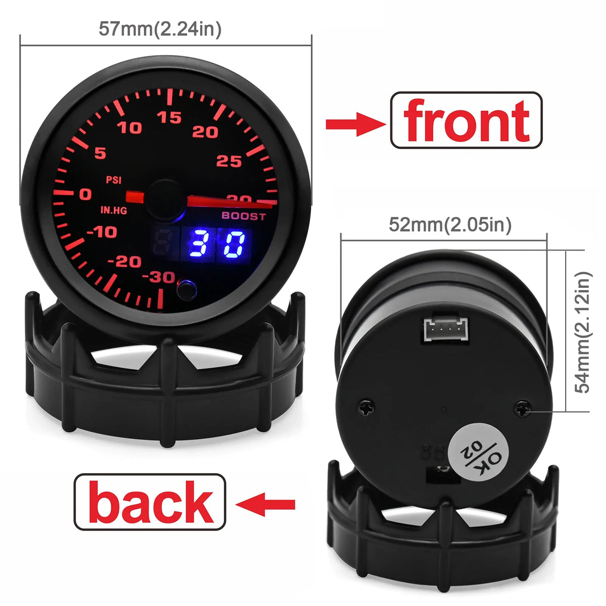 52mm 7 Color LED Dual Display Gauge | Boost, Oil Temp, Voltmeter, Tachometer