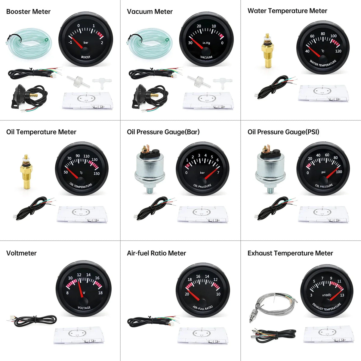 52mm Car Gauge Set | Water Temp Oil Temp Voltmeter Oil Pressure Boost Gauge