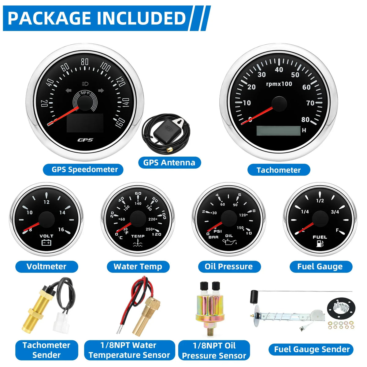 6pcs Gauge Set GPS Speedometer Tachometer Voltmeter Water Temp Fuel Oil Pressure
