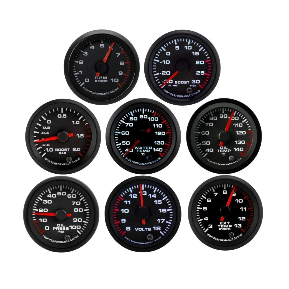 52mm 7-Color Car Gauge Set | Water Temp Oil Pressure Tachometer Boost Voltmeter EGT