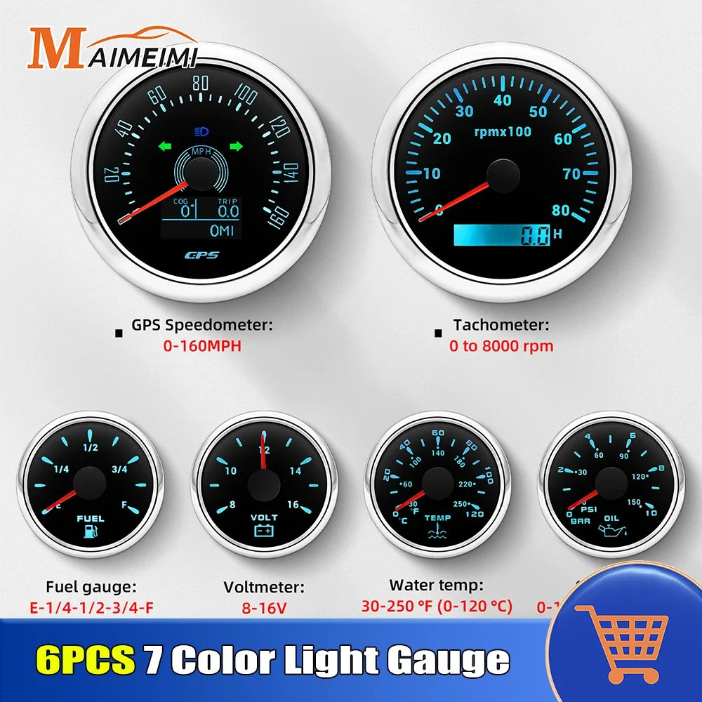 6pcs Gauge Set GPS Speedometer Tachometer Voltmeter Water Temp Fuel Oil Pressure
