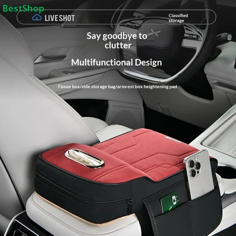 Car Armrest Cushion with Tissue Box & Storage Pocket