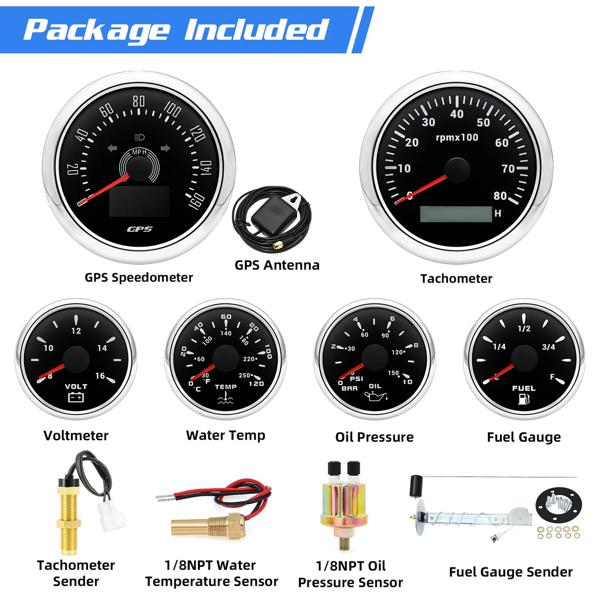 6pcs Gauge Set GPS Speedometer Tachometer Voltmeter Water Temp Fuel Oil Pressure