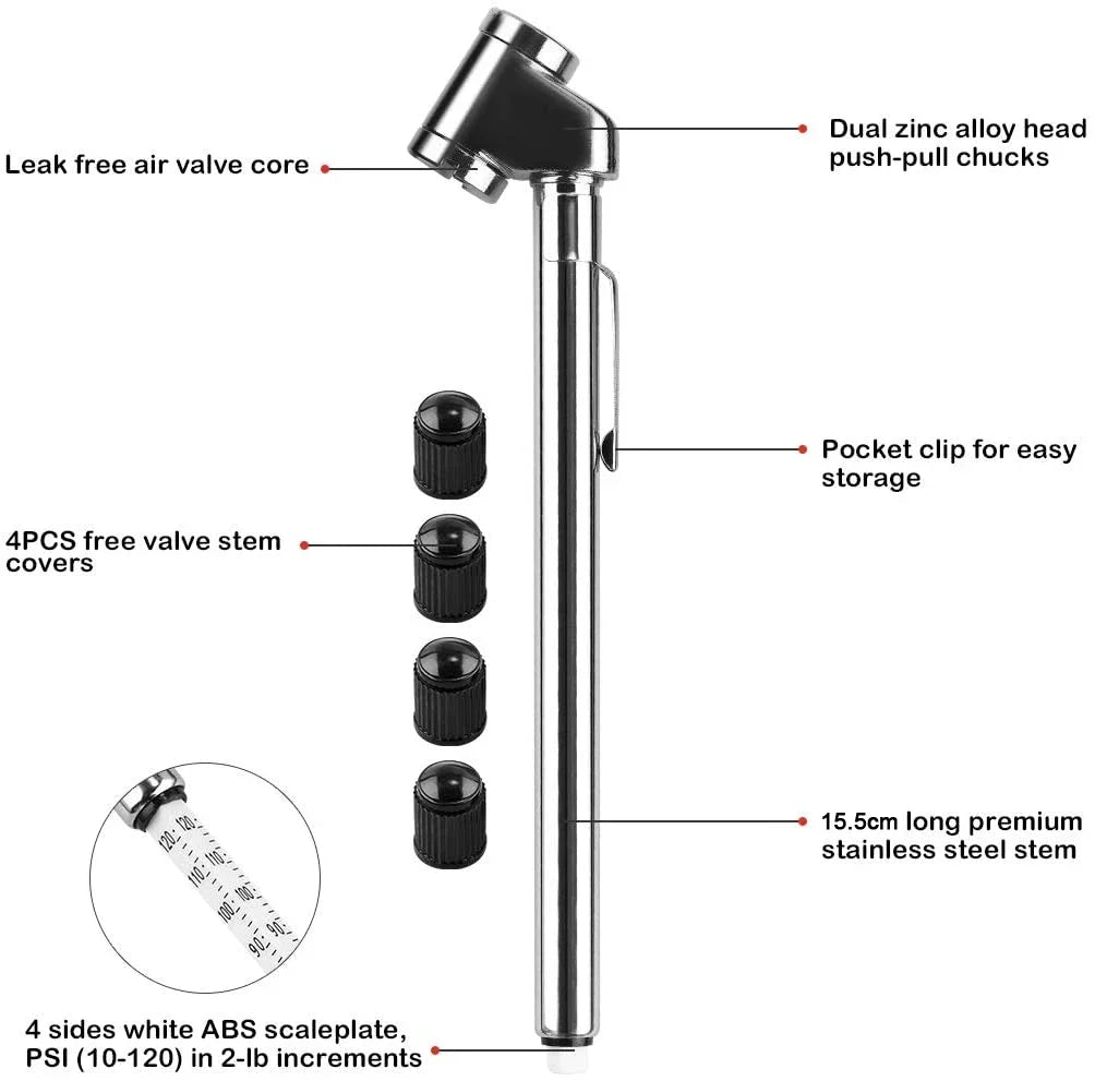 Pencil Tire Pressure Gauge 10-120 PSI Dual Head for Trucks | Mechanical Dually Chuck