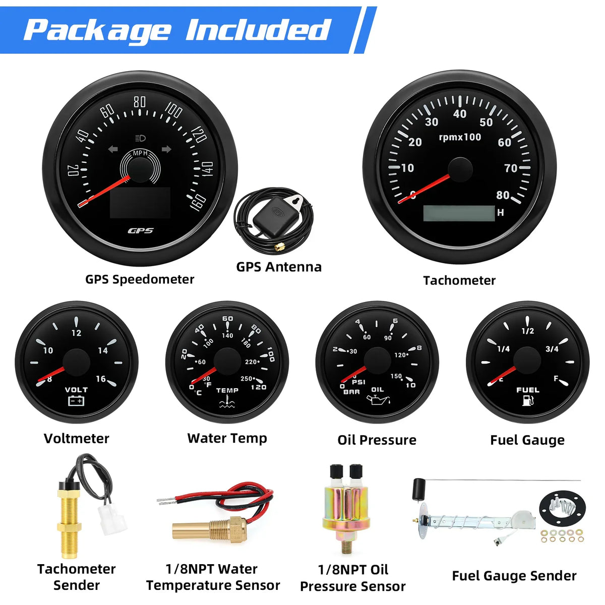 6pcs Gauge Set GPS Speedometer Tachometer Voltmeter Water Temp Fuel Oil Pressure