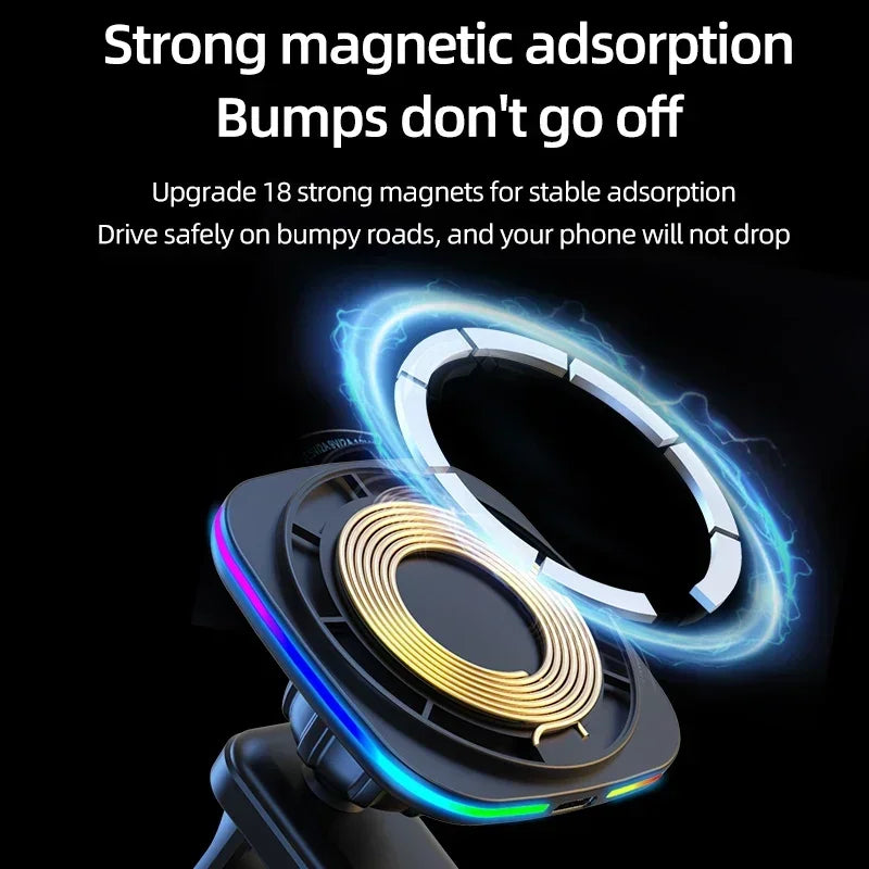 RGB LED Magnetic Wireless Charger Car Phone Holder | Fast Charging Mount for iPhone 16 15 14 13 12 Pro Max