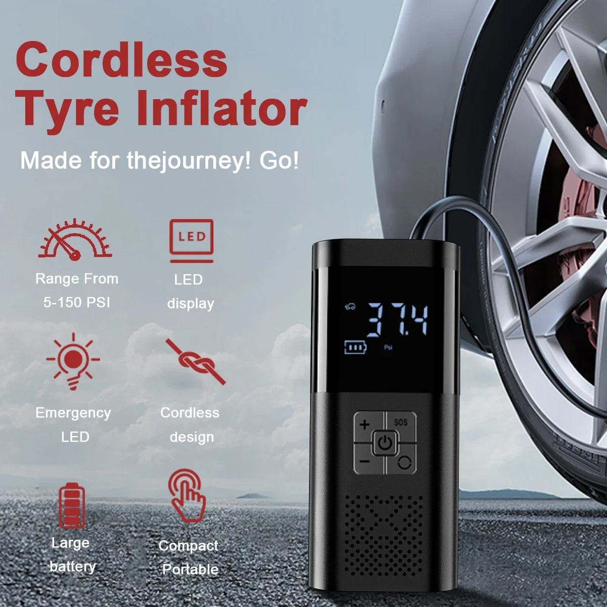 Cordless Car Air Pump | Portable Tire Inflator with LED Light and Power Bank