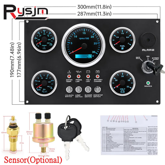 Car Boat Diesel Engine 5 Gauge Instrument Panel Set | GPS Speedometer Tachometer Fuel Oil Pressure Volt
