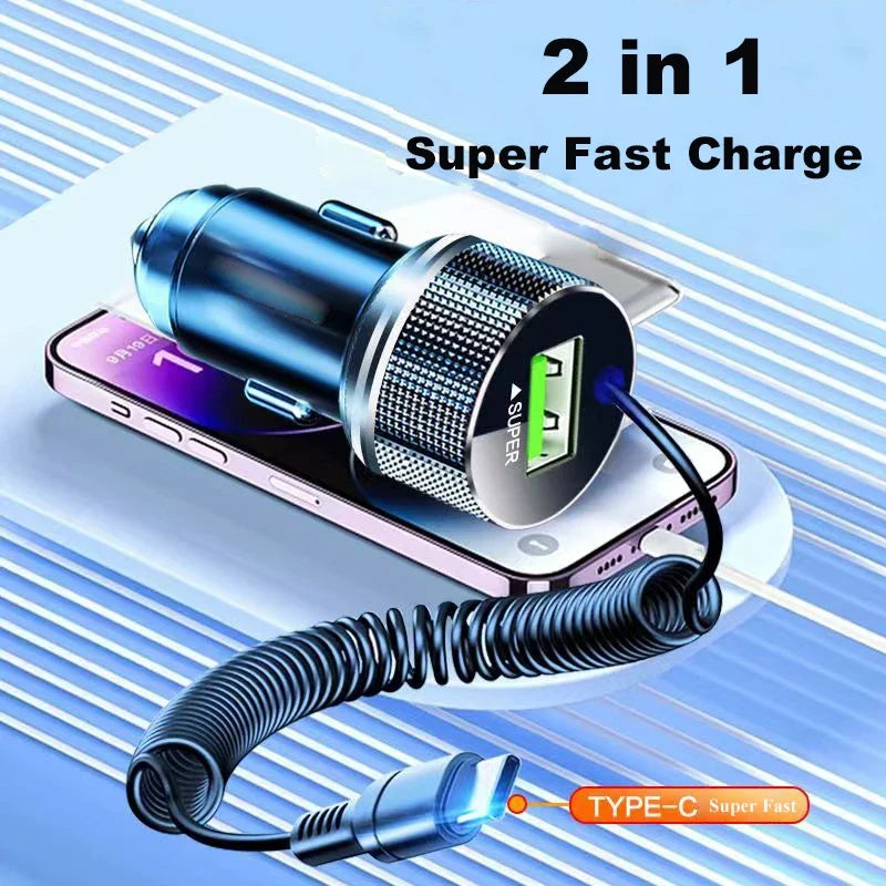 EDEBA Metal USB Car Charger with Type C Cable | 12V Super Fast Vehicle Adapter 2 in 1