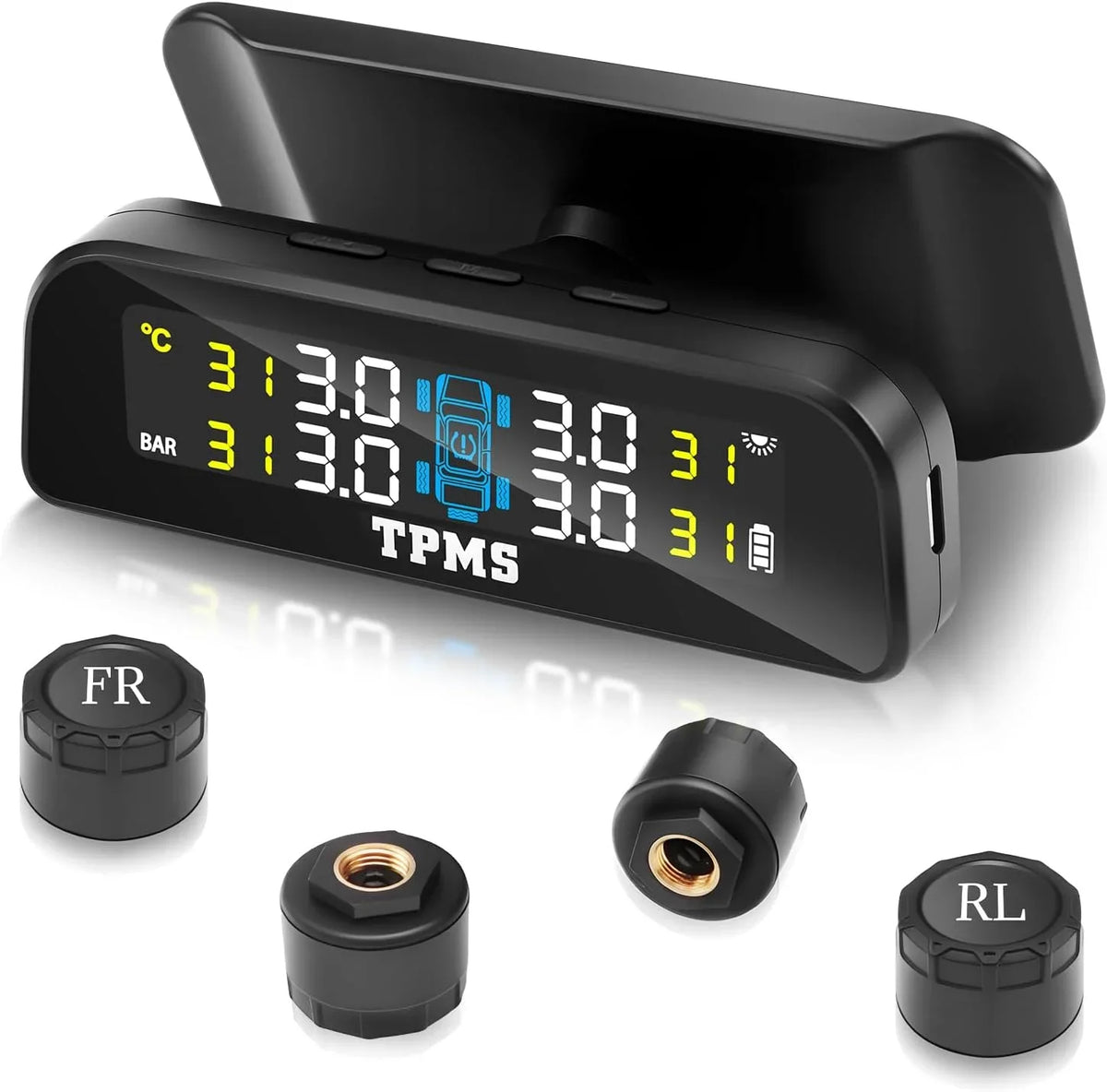Solar Tire Pressure Monitoring System with 4 External Sensors | Real Time TPMS for Car RV SUV MPV Truck