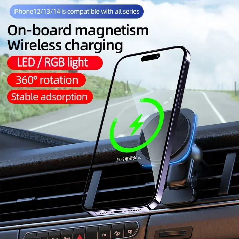 RGB LED Magnetic Wireless Charger Car Phone Holder | Fast Charging Mount for iPhone 16 15 14 13 12 Pro Max