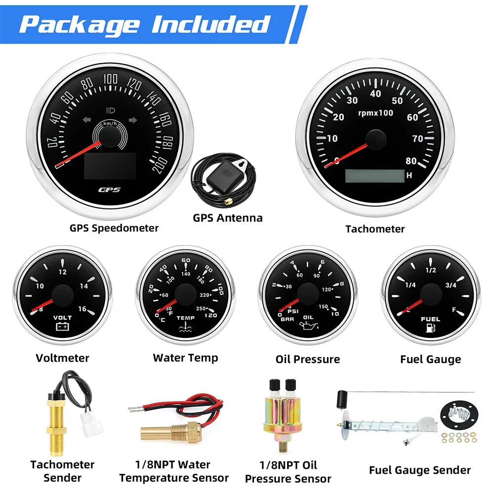 6pcs Gauge Set GPS Speedometer Tachometer Voltmeter Water Temp Fuel Oil Pressure