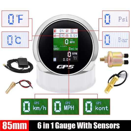 85mm 6-in-1 GPS Speedometer Tachometer Gauge | Oil Pressure Water Temp Fuel Level Voltmeter
