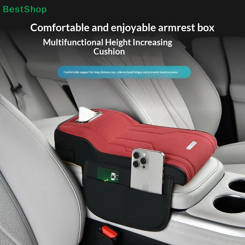 Car Armrest Cushion with Tissue Box & Storage Pocket