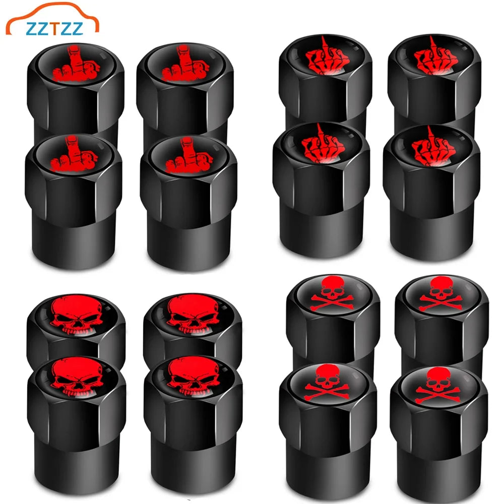 Red Skull Valve Stem Caps | 4-Pack Aluminum Tire Valve Covers