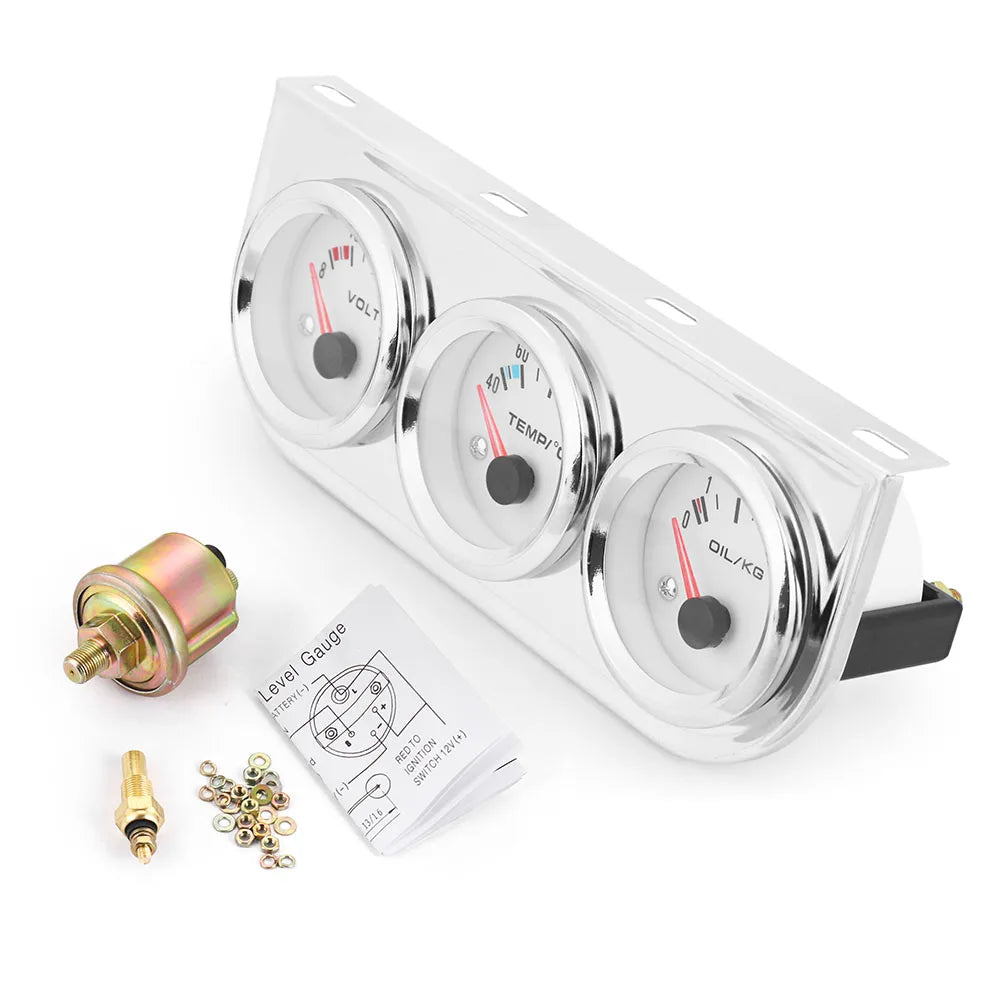 Triple Gauge Kit Chrome 2" 52mm Voltmeter Water Temp Oil Pressure