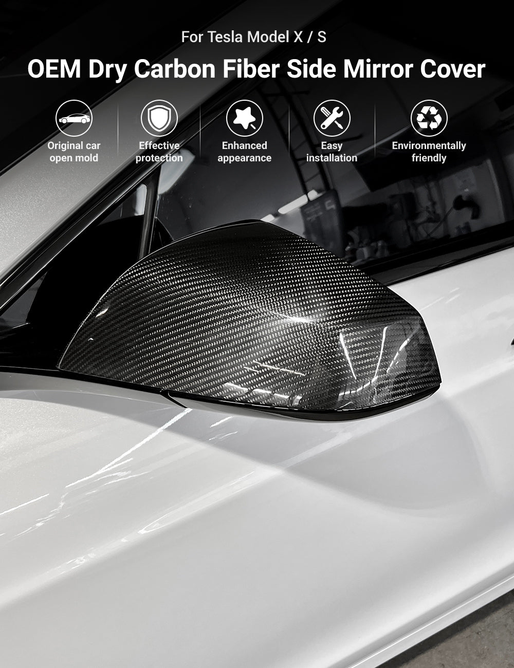 Tesery Side Mirror Cover OEM Style for Tesla Model X / S - Dry Carbon Fiber Exterior Mods