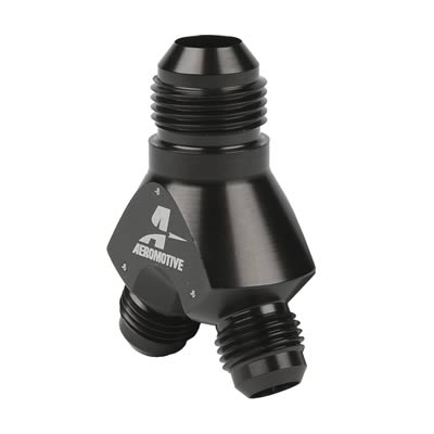 Aeromotive Fuel Block, Y-Type, Aluminum, Black Anodized, Male -8 AN Inlet, Male -6 AN Outlets, Each - 15673