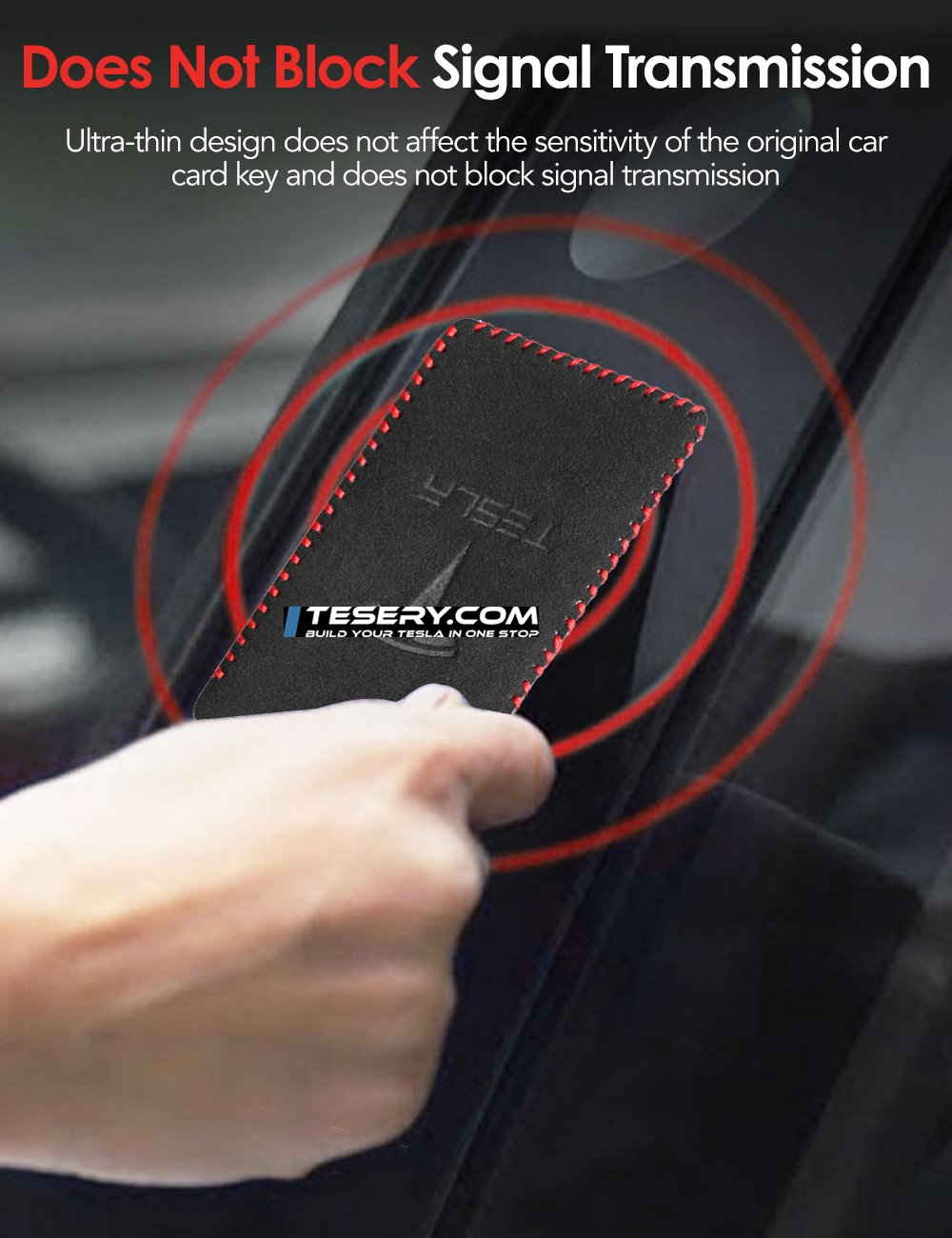 Tesery Alcantara Key Card Holder for Model 3/Y | Italian Material | Hook & Keychain | White Stitching