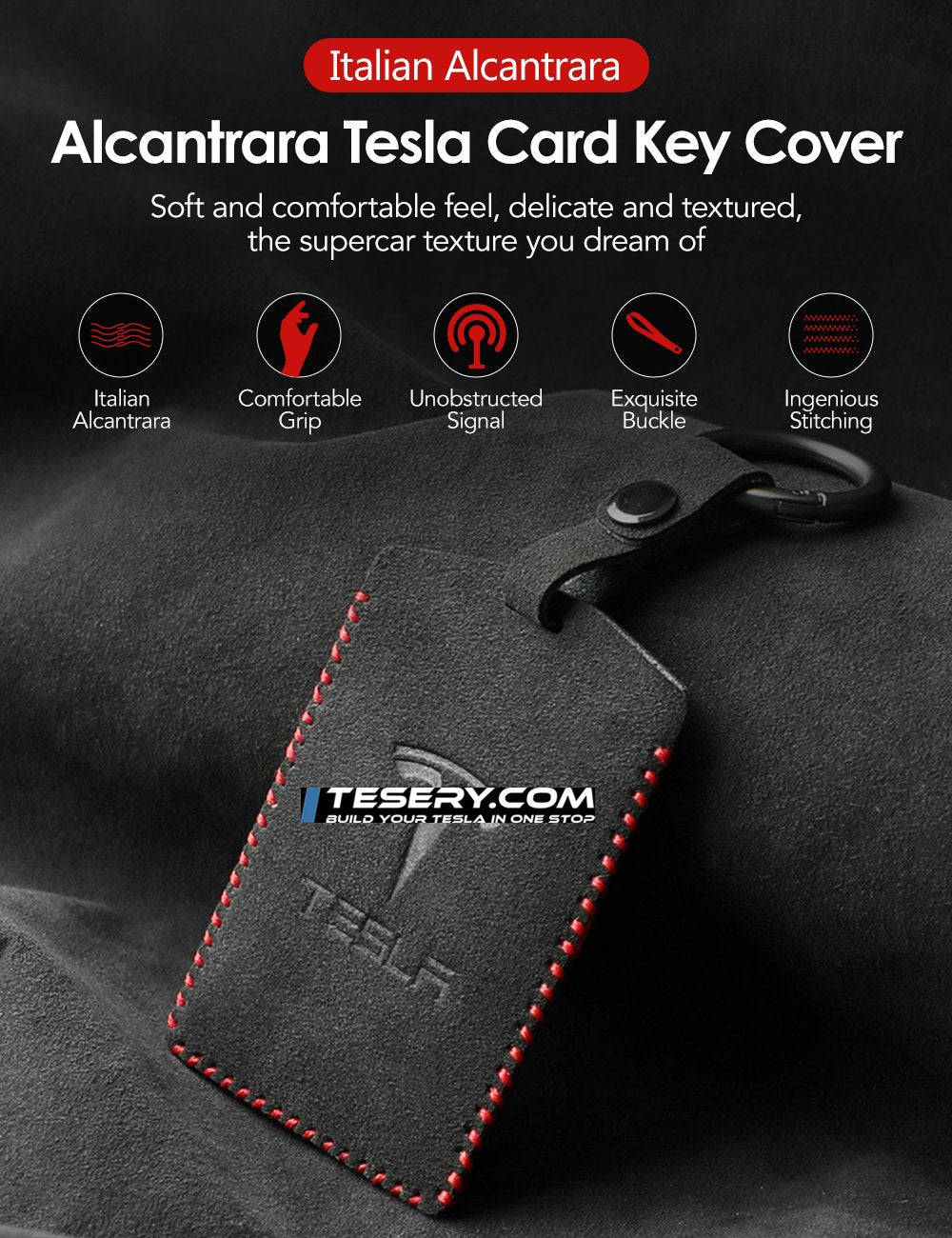 Tesery Alcantara Key Card Holder for Model 3/Y | Italian Material | Hook & Keychain | White Stitching