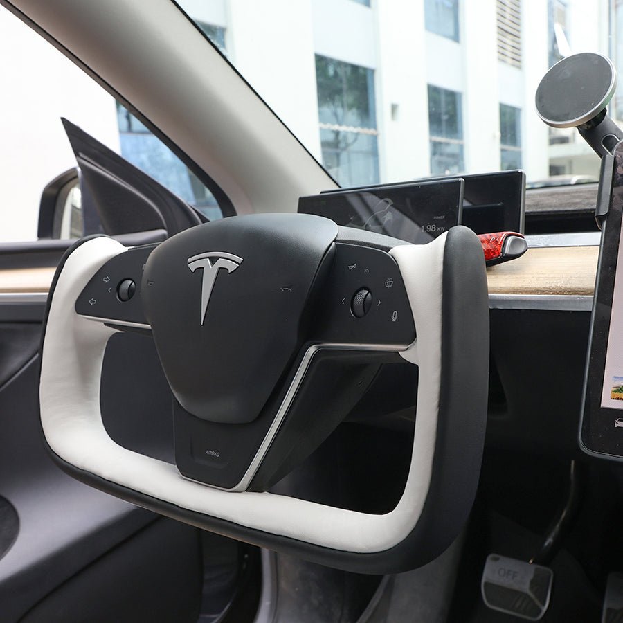 Tesery Yoke Style Steering Wheel for Model 3 / Y【Black & White Leather】