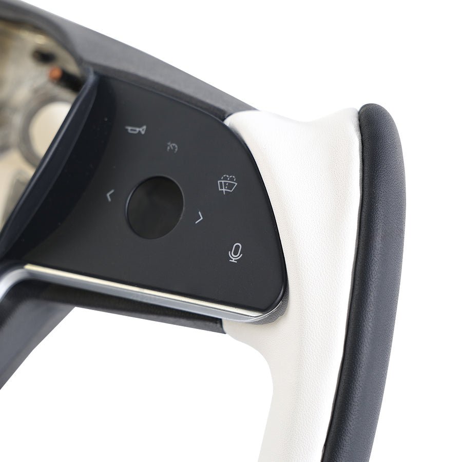 Tesery Yoke Style Steering Wheel for Model 3 / Y【Black & White Leather】